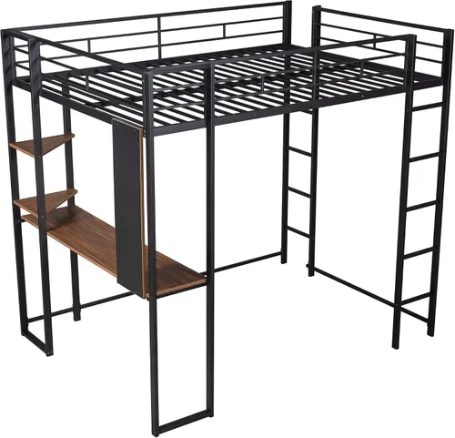 Miniatura 4 de Merax Cama alta de metal de tamaño matrimonial que ahorra espacio con 2 estantes y 1 escritorio, dos escaleras integradas y barandillas, no necesita