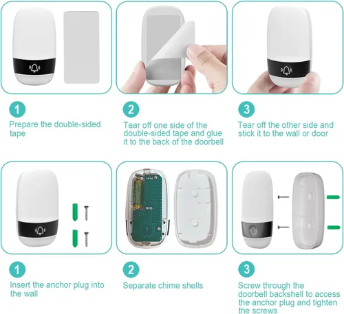 Miniatura 7 de TTJ Timbre inalámbrico con timbre Doobell, timbre de aula, rango de 1300 pies, configuración de 2 minutos, luces LED, IP55 impermeable, ajuste