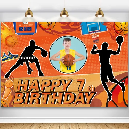 Miniatura 12 de Cartel personalizado de decoración de fiesta de cumpleaños de medio año, tema de baloncesto personalizado, fondo de deportes de baloncesto de feliz