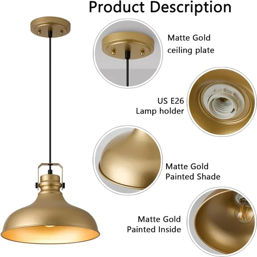 Miniatura 3 de Luces colgantes doradas de granja, iluminación colgante mate para isla de cocina, industrial de altura ajustable, vintage, cúpula, lámparas Oro