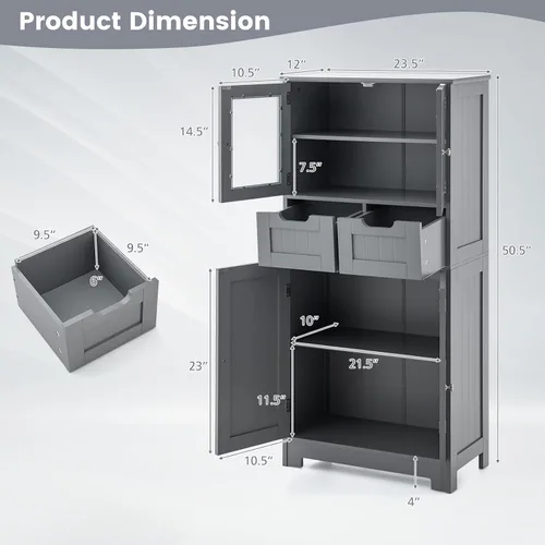 Miniatura 3 de Giantex Armario de almacenamiento para piso de baño, armario independiente con 2 puertas de vidrio, 2 cajones y estantes ajustables, organizador