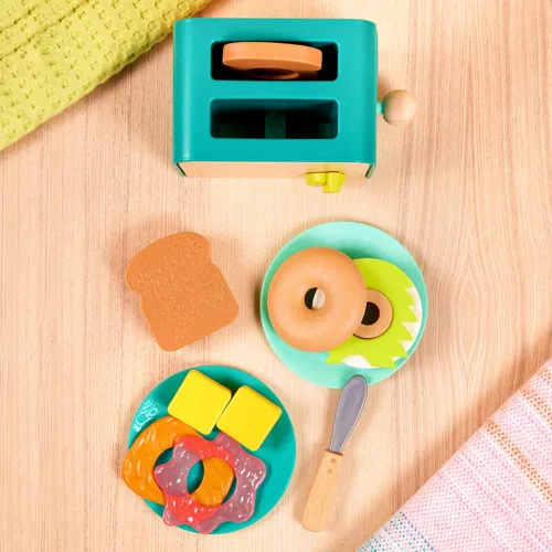 Miniatura 4 de B. toys – Mini Chef – Juego de simulación de tostadora – Juego de desayuno de simulación – Set de brunch de 14 piezas – Tostadora emergente
