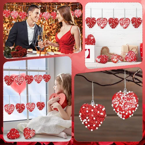 Miniatura 6 de Halloscume 12 adornos de corazón para el día de San Valentín con lentejuelas con purpurina en forma de corazón, decoración colgante de espuma