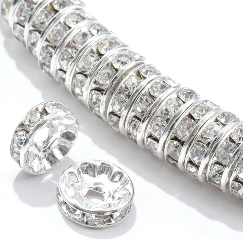 100 cuentas espaciadoras Rondelle redondas de cristal con diamantes de imitación checos chapados en plata, cuentas sueltas para manualidades, Blanco