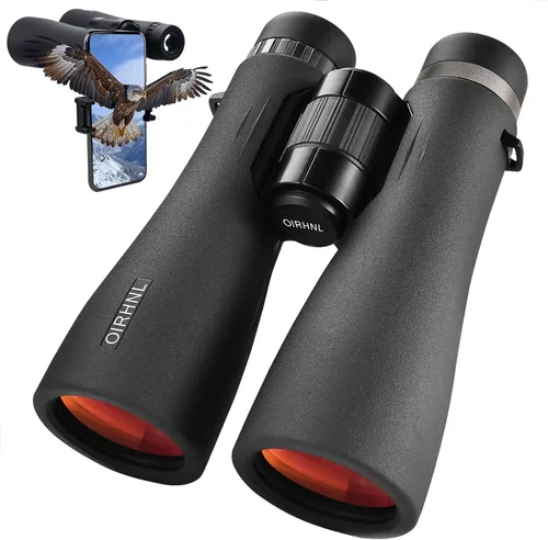 Binoculares HD de 12 x 50 para adultos, alta potencia con adaptador de teléfono mejorado, visión clara de poca luz, IPX7 impermeable y ligero para