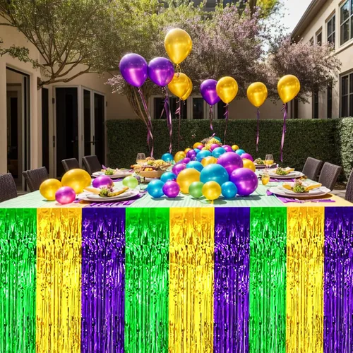 Miniatura 7 de LabZhang Paquete de 2 faldas de mesa con flecos metálicos de Mardi Gras de 29.5 x 72 pulgadas, faldas de mesa de fiesta de Mardi Gras, decoración
