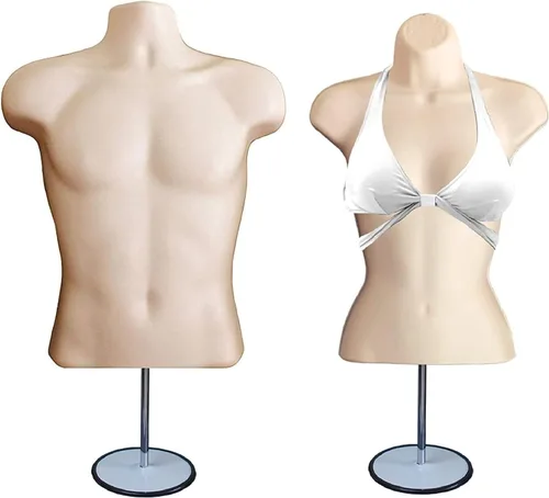 Miniatura 34 de Torso de maniquí masculino y femenino con soporte de metal, cuerpo hueco en la espalda, forma de vestido apilable para exhibición de camisetas, Gris
