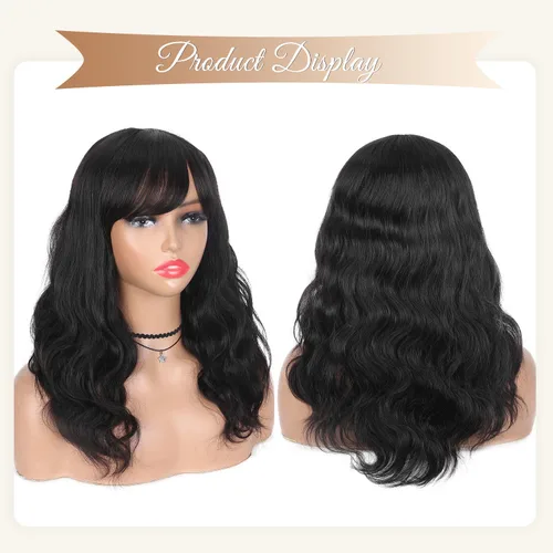 Miniatura 5 de Pelucas de cabello humano WIGER con onda natural con flequillo, línea de cabello mejorada, cabello ondulado suelto negro para mujeres, peluca