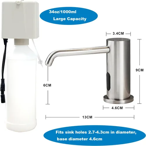 Miniatura 3 de Dispensador de jabón automático sin contacto para fregadero de cocina y baño, dispensador de jabón eléctrico comercial líquido de níquel cepillado