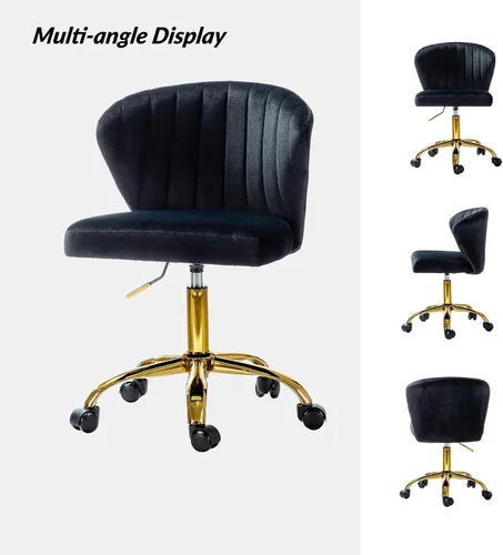 Miniatura 7 de HULALA HOME Silla de escritorio de oficina en casa con ruedas doradas, silla pequeña y bonita con respaldo para dormitorio, silla de trabajo Negro