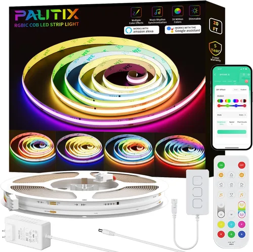 Miniatura 13 de PAUTIX Tira de luces LED RGB Smart IC COB, 6.56 pies/6.6 ft direccionable con certificación UL de 24 V, cinta flexible de color multicolor, funciona