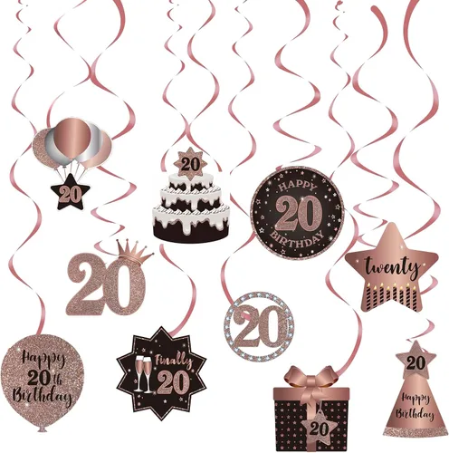 Decoración de techo de remolinos colgantes de 20 años, 20 espirales colgantes de papel de aluminio con recortes para 20 años de edad, suministros de