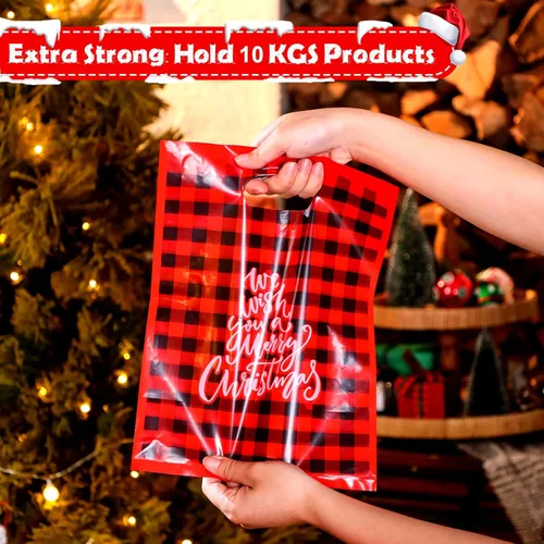 Miniatura 3 de Sadnyy Paquete de 100 bolsas de plástico para regalo de Navidad, a granel, pequeñas bolsas de compras de Feliz Navidad, mercancía gruesa impresión