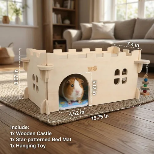 Miniatura 5 de Casa Castle Chinchilla, Refugio para Animales Pequeños para Chinchilla, Conejillo de Indias, Erizo o Rata, Cabaña de Madera Ventilada para Conejillo