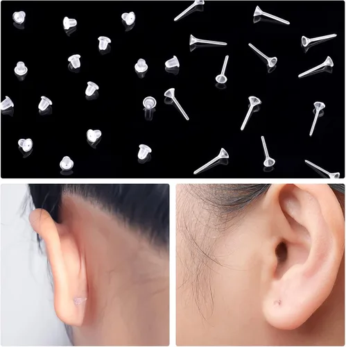 Miniatura 6 de KINBOM 100 pares de aretes de plástico transparente, protectores de aretes, aretes de plástico invisibles, aretes de plástico transparente, aretes