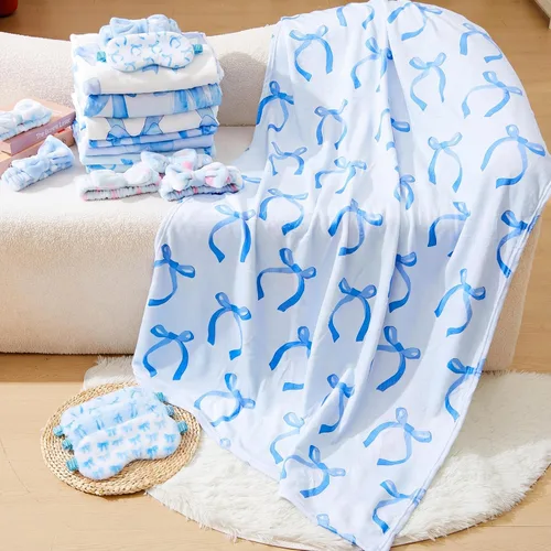 Miniatura 4 de Fanfanwin 18 piezas de suministros para fiesta de pijamadas para niñas, 6 mantas lindas con lazo azul de 1 estilo, 6 diademas de spa de vellón