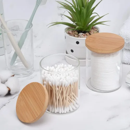 Miniatura 3 de BKYFPQ Juego de 2 dispensadores de vidrio para Qtip - Tarros de boticario con tapas, organizador de maquillaje de tocador y organizador