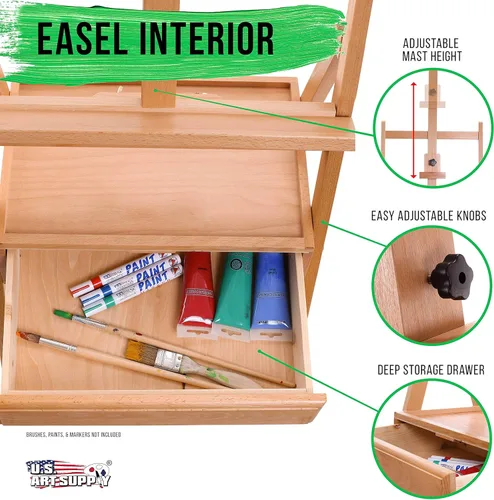 Miniatura 3 de U.S. Art Supply Caballete grande de madera con marco en H con cajón de almacenamiento y estante, mástil ajustable a 75 pulgadas, caballete