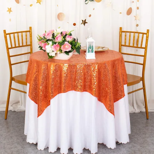 ShinyBeauty Mantel cuadrado naranja de 50 x 50 pulgadas, mantel de lentejuelas para decoración de cumpleaños, mantel cuadrado brillante para mesa de