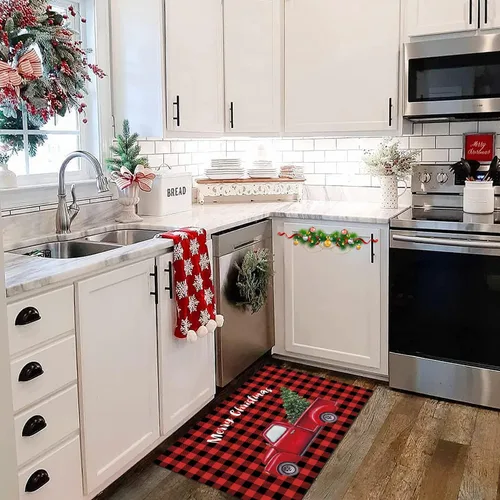 Miniatura 2 de Juego de alfombras y tapetes de cocina de Navidad, tapete de búfalo rojo a cuadros, antideslizante, tapete lavable para interiores
