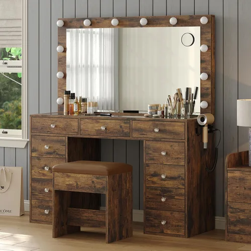 Miniatura 2 de Yanosaku Escritorio de tocador y toma de corriente, mesa de maquillaje con espejo, 12 luces LED y 3 modos de iluminación, 11 cajones, incluye silla