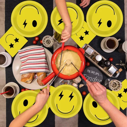 Miniatura 6 de 96 piezas de platos y servilletas de papel con cara sonriente amarilla, suministros de fiesta de cumpleaños para 24 invitados, juego de vajilla
