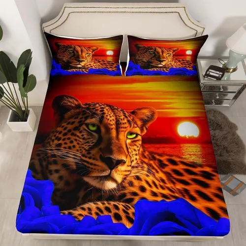 Miniatura 32 de Erosebridal Juego de sábanas bajeras de rosas rojas y leopardo, tamaño individual, diseño de animales africanos salvajes, diseño de plantas