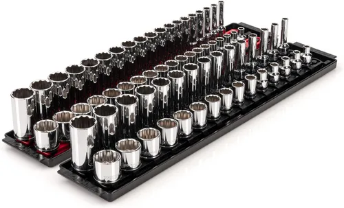 TEKTON Juego de llaves de vaso de 12 puntos poco profundas y profundas de 3/8 pulgadas con rieles y bandejas, 68 piezas (1/4-1 pulgada, 0.236-0.945