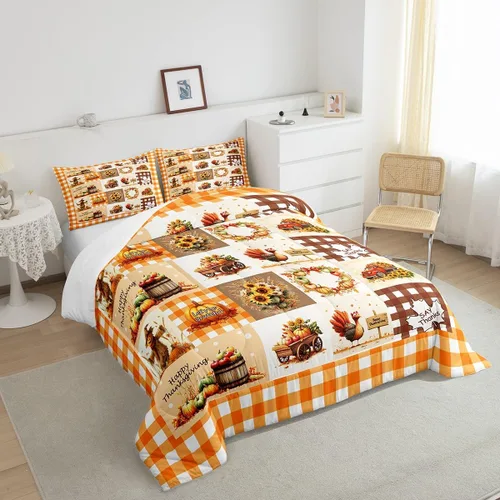 Miniatura 4 de Castle Fairy Juego de edredón de otoño con temática de Acción de Gracias, tamaño individual, juego de ropa de cama de calabaza, girasol, pavo