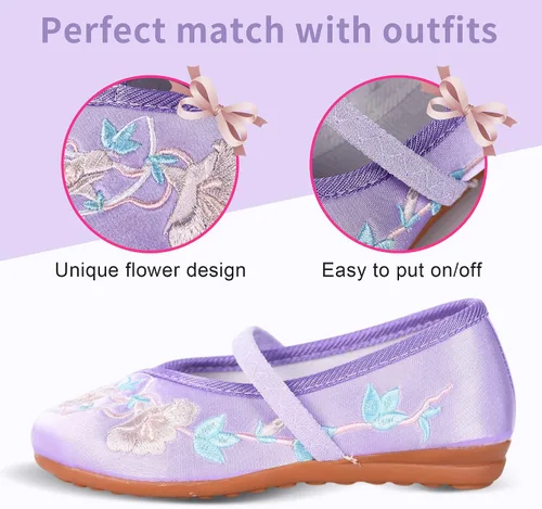 Miniatura 6 de BESSIVIC Zapatos de vestir para niñas, zapatos Mary Jane para niñas con tacón bajo, zapatos planos de ballet de flores de princesa para bodas