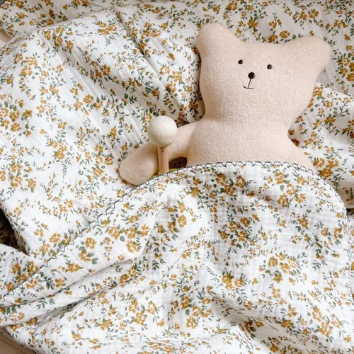 Miniatura 3 de BuLuTu Manta de 4 capas para niños pequeños, 100% algodón muselina, mantas de cama para niños, niñas, niños, con bonito patrón de flores de hibisco