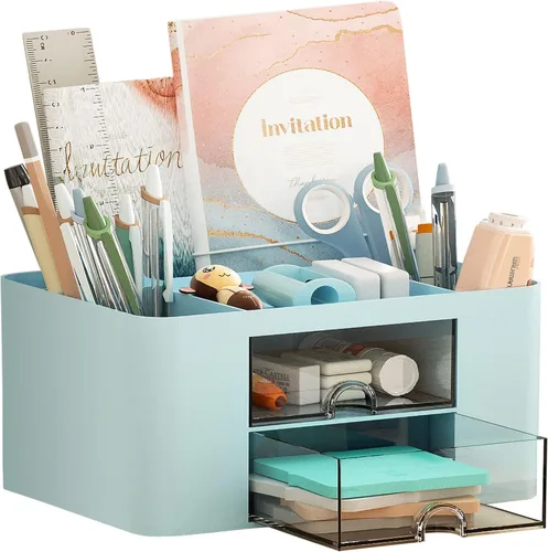 Miniatura 16 de Marbrasse Organizador de bolígrafos con 2 cajones, portaplumas multifuncional para escritorio, organizadores de escritorio y accesorios con 5