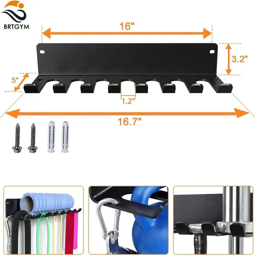 Miniatura 3 de Organizador de gimnasio, colgador de accesorios de gimnasio en casa, ganchos de montaje en pared para mancuernas olímpicas, asas de fila