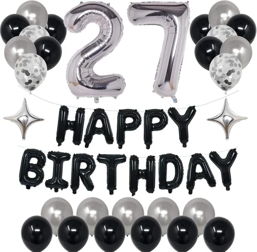Miniatura 12 de Decoraciones de fiesta de cumpleaños color negro y plateado para niños y niñas, suministros de fiesta de cumpleaños número 14 con pancarta negra