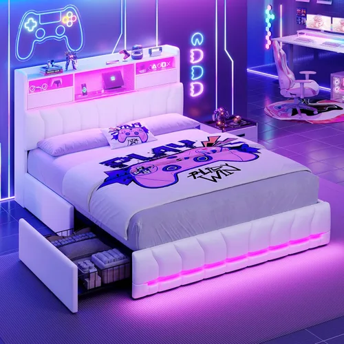 Miniatura 10 de DICTAC Estructuras de Cama Gemela con Cabecera de Almacenamiento y 2 Cajones Grandes, Cama Gaming con Luces RGB y Estación de Carga, Cama