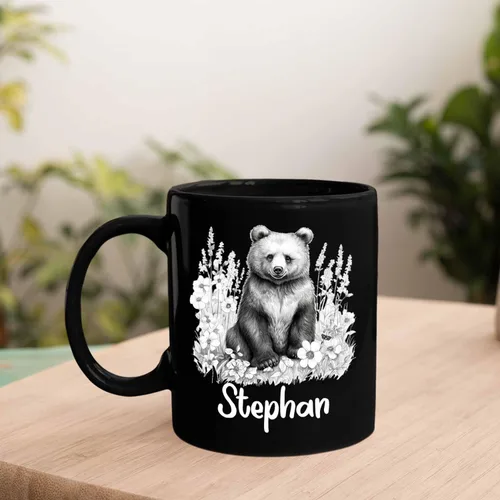 Miniatura 3 de Taza de café negra con diseño de oso de lápiz personalizada, regalo para los amantes de los osos, mamá y papá, taza de café de oso con dibujos