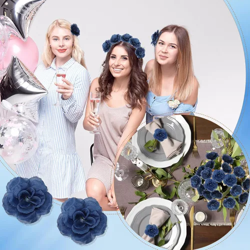 Miniatura 4 de 200 flores artificiales de seda falsa de 3 pulgadas con tallo de esmeralda, rosa sintética y tallo de 6 pulgadas para boda, ramo de novia, Azul