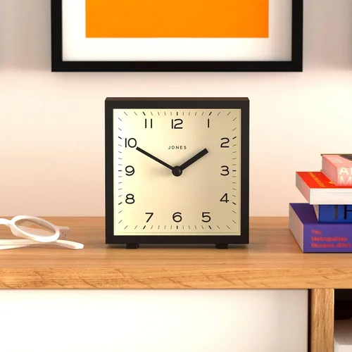 Miniatura 2 de JONES CLOCKS® Reloj de escritorio disco Elegante diseño cuadrado Negro Elegante y fácil de leer para estante, mesa, mantel o mesita de noche