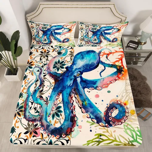 Ocean Kraken - Juego de sábanas bajeras de pulpo para niños, niñas, adolescentes, decoración de habitación, juego de ropa de cama de tentáculos,