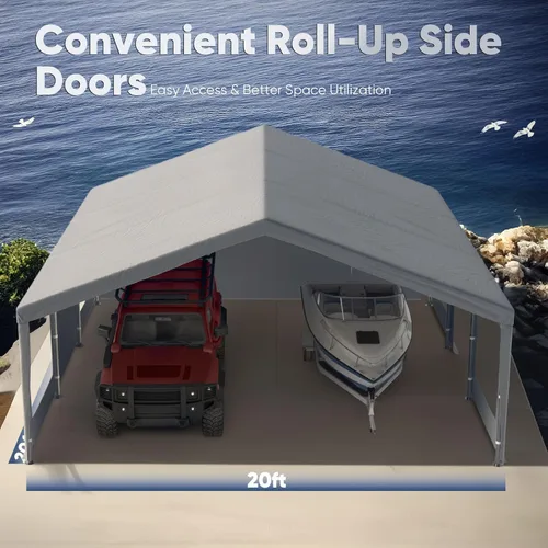Miniatura 2 de Quictent Cochera resistente para 2 autos de 20 x 20 pies, refugio de almacenamiento impermeable con puertas laterales con cremallera, cables de Gris
