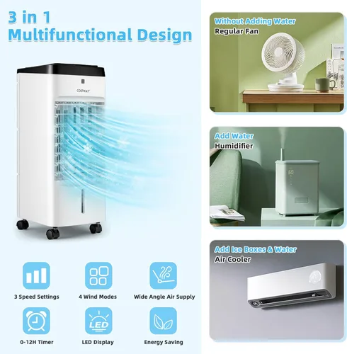 Miniatura 6 de COSTWAY Enfriador de aire evaporativo, 3 en 1 portátil, silencioso y humidificador con control remoto, 4 modos, oscilación de 70°, temporizador