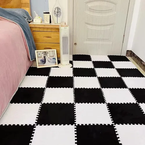 Miniatura 6 de 12 piezas de baldosas de alfombra de espuma entrelazadas para niños con borde, cuadrados gruesos de alfombra de felpa, tapetes de juego para el Negro
