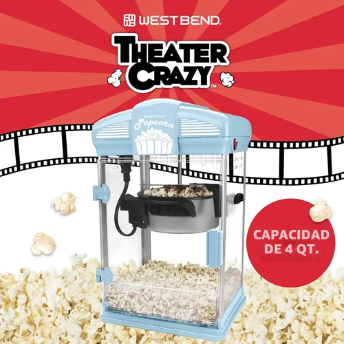 Miniatura 3 de West Bend Stir Crazy pochoclera estilo cine, máquina para hacer palomitas de maíz gourmet con caldera antiadherente, herramienta de medición y Azul