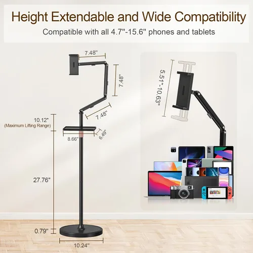 Miniatura 3 de Houele Soporte de Piso para Tableta con Bandeja Extraíble, Soporte de Piso para iPad para Cama, Soporte de Tableta de Altura Ajustable Porta iPad