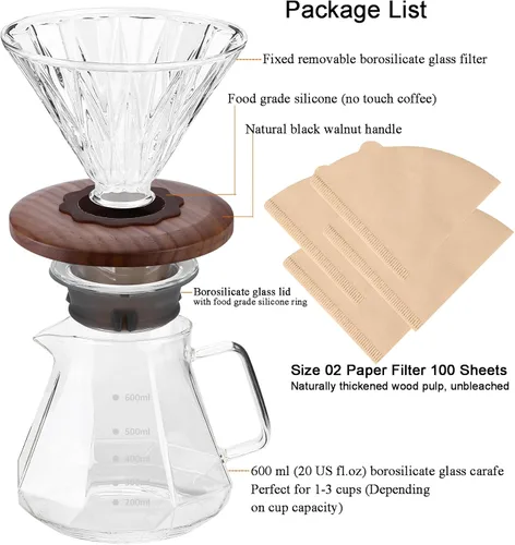 Miniatura 3 de Cafetera de Café con Filtro de Papel, 20 oz, Jarra de Vidrio de Borosilicato con 100 Filtros Tamaño 02, Mango de Nogal y Tapa de Vidrio, 600 ml