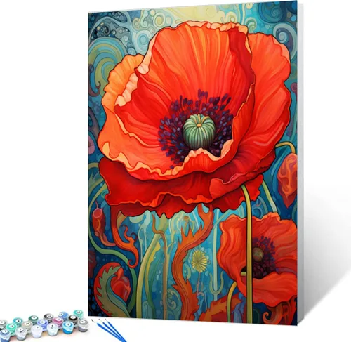 Tucocoo Bumbers - Pintura de amapola roja para adultos, pintura abstracta de amapola por números, pintura acrílica, lienzo, graffiti, flores rojas,