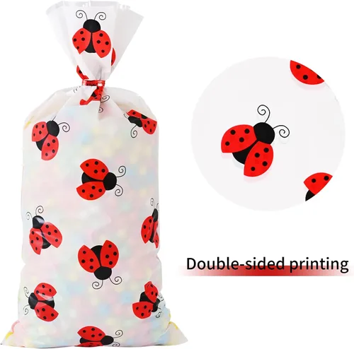 Miniatura 3 de Lecpeting 100 bolsas de golosinas de mariquita y celofán, bolsas de dulces de mariquita con lazos giratorios para suministros de fiesta