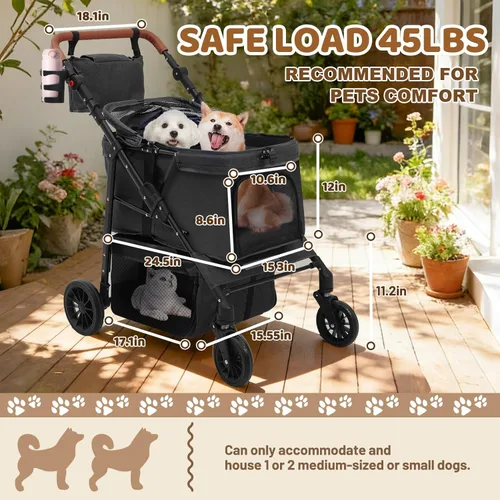 Miniatura 2 de Cochecito de perro para mascotas pequeñas, transportador de 4 ruedas todo terreno para gatos y perros con ruedas delanteras de 360°, mango ajustable