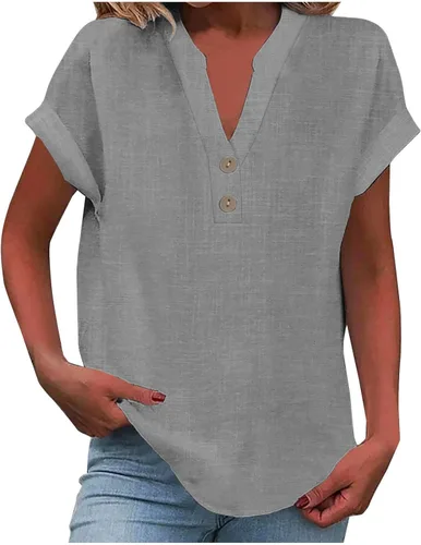 Miniatura 19 de Camisas de lino para mujer 2025 verano casual cuello en V botón abajo manga corta tops moda cómodo negocio trabajo blusas, beige (A-Beige)