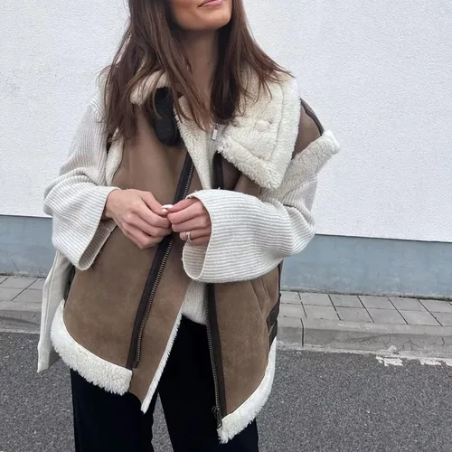 Miniatura 2 de APAFES Chaleco de gamuza de piel de invierno para mujer, cuello alto, sin mangas, forro polar